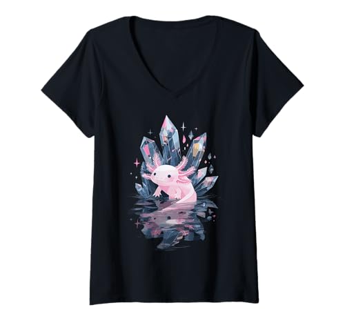 Damen Niedlicher Axolotl Tierliebhaber Amphibien-Fächer T-Shirt mit V-Ausschnitt Damen Niedlicher Axolotl Tierliebhaber Amphibien-Fächer T-Shirt mit V-Ausschnitt von Luvaxolotlthem