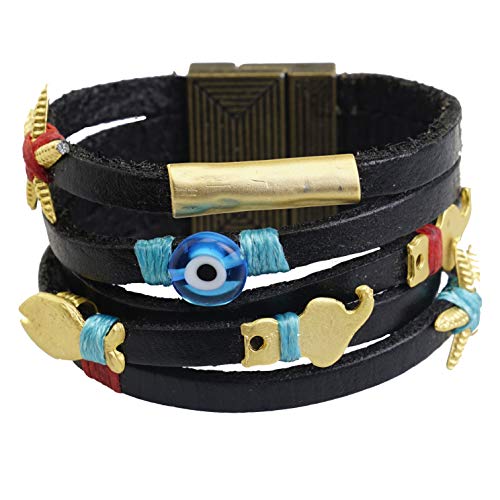 Luvi Damen Lederarmband Catsy I Schmuck Armband aus Leder mit Katze und Fisch Metall Applikationen - Charm Wickelarmband - handgemacht, Schwarz, M - 18cm von Luvi