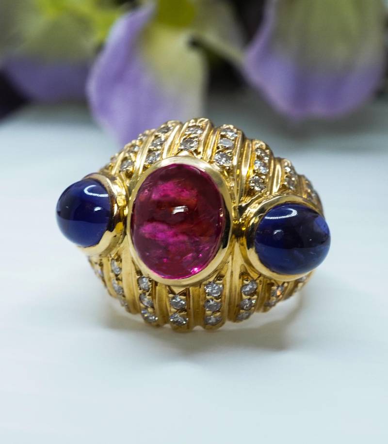 Vintage 18K Gold Diamant Turmalin Amethyst Ring Designer Statement Cocktail Riese Groß Mid-Century von LuvmydiamondCo