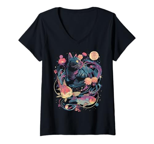 Damen Surreale Katze, die im Weltraum schwebt, skurriles Kunstwerk T-Shirt mit V-Ausschnitt von Luvsurrealthem