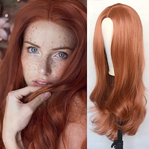 Luwigs Kupferrote #350 natürlich gewellte synthetische Perücke für Damen, T Spitze, rotbraun, Ingwer, hitzebeständig, Ersatzperücke, 55,9 cm (22 Zoll), zum Abschied von Luwigs