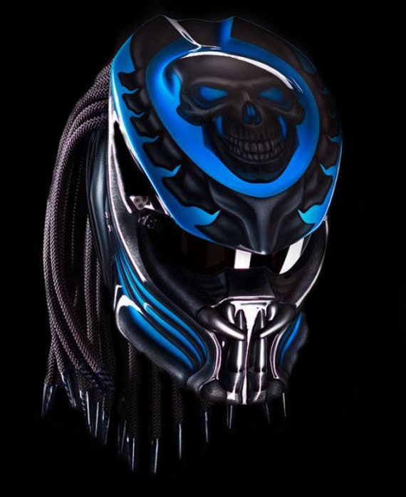Toller Custom Predator Motorrad Helm Blauer Totenkopf | Dot Und Ece Geprüft von LuxBearCustom