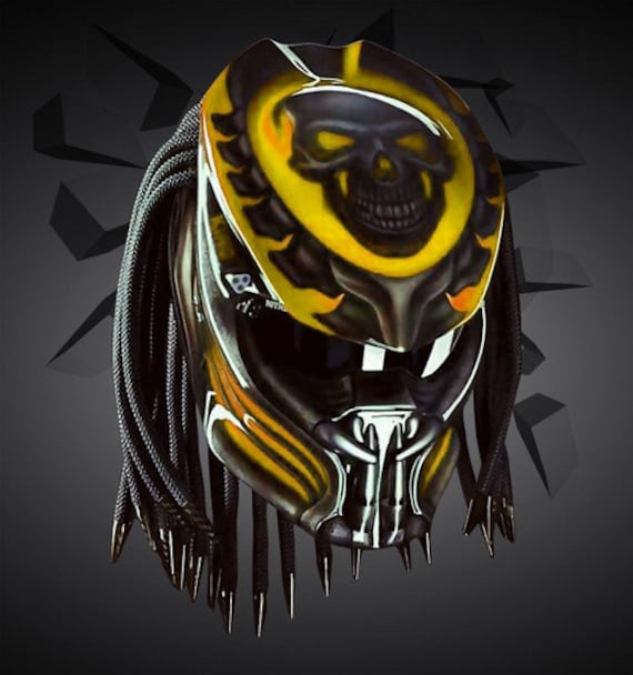 Toller Custom Predator Motorrad Helm Gelber Totenkopf | Dot Und Ece Geprüft von LuxBearCustom