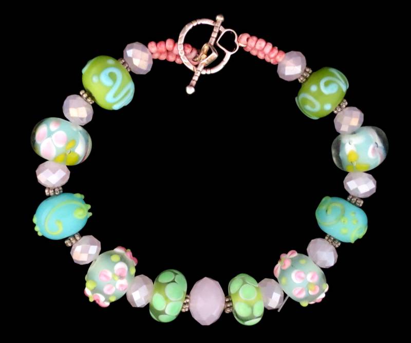 Armband Handmade Lampwork Glasperlen Blumen Floral Rosa, Grün .925 Sterling Herz Verschluss von LuxCache