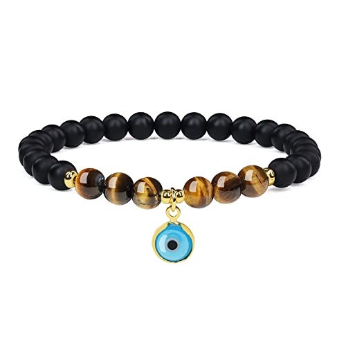 LuxSep Evil Eye Charm Matt Onyx natürlichen Steinen Heilung Armband für Frauen und Mädchen Tigerauge M von LuxSep