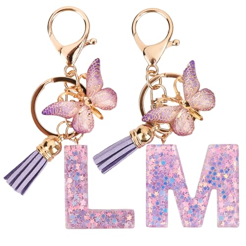 2 Stück Schlüsselanhänger Mit Buchstaben, Schlüsselanhänger L und Anhänger Schlüssel M Personalisierte Geschenke Mädchen, Schmetterling Anhänger Schulranzen Mädchen Geburtstagsgeschenk(Lila) von LuxStellar