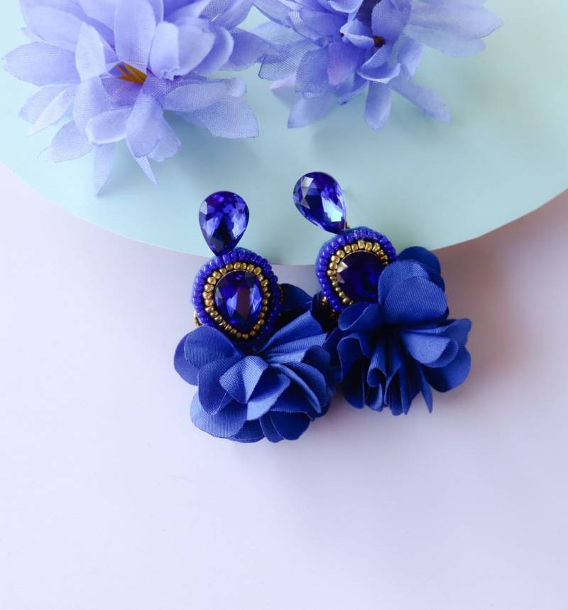Königsblaue Strass Blume Quaste Ohrringe Perlen Brautschmuck Königsblaue Strass Blume Quaste Ohrringe Perlen Brautschmuck von LuxStoreDr