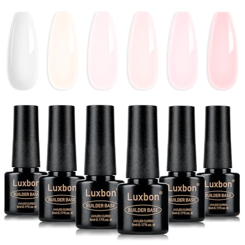 Luxbon 7 IN 1 Builder Base Colour Gel Nagellack-Set, 6 Farben Nagelverlängerung Verbesserung Nude Gel Polish Pink Peach für Nägel UV LED Soak Off Nail Art Design Geschenke für Frauen Kit 010 von Luxbon
