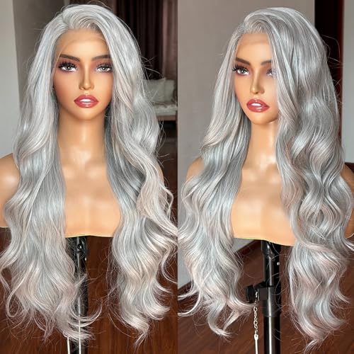 Silbergraue Spitzen-Front-Perücke für Damen, 13 x 4, lang, gewellt, locker, HD-Lace-Front-Perücke, kleine Knoten, natürlicher Haaransatz, M vorgezogene Kunsthaarperücke, 66 cm Silbergraue Spitzen-Front-Perücke für Damen, 13 x 4, lang, gewellt, locker, HD-Lace-Front-Perücke, kleine Knoten, natürlicher Haaransatz, M vorgezogene Kunsthaarperücke, 66 cm von LuxeMelan