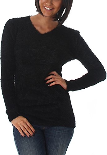 Luxestar Damen Kuschel-Pullover Fransen-Pullover Hairy Sweater Feinstrick weich zart kuschelig Langarm, Schwarz 36 38 40 (LXL) von Luxestar