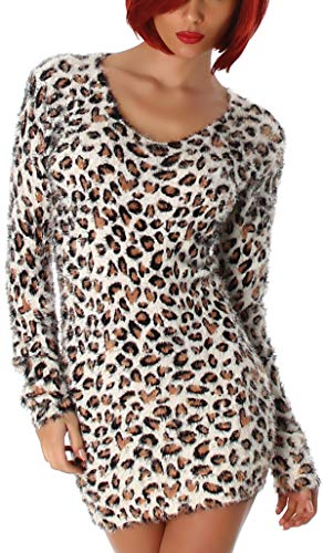 Luxestar Damen Longpulli Strickkleid flauschig Fransen Kuschelpullover Pulloverkleid Animal-Print Stretch, Einheitsgröße 34 36 38, Leopard Creme von Luxestar