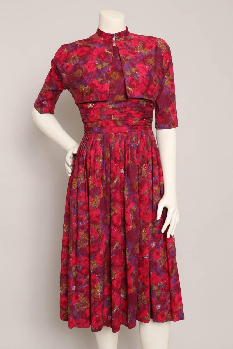 1950Er Jahre Rosa Blumen Kleid Set Vintage Sommerkleid & Bolero Jacke, Größe Xs von LuxieVintage