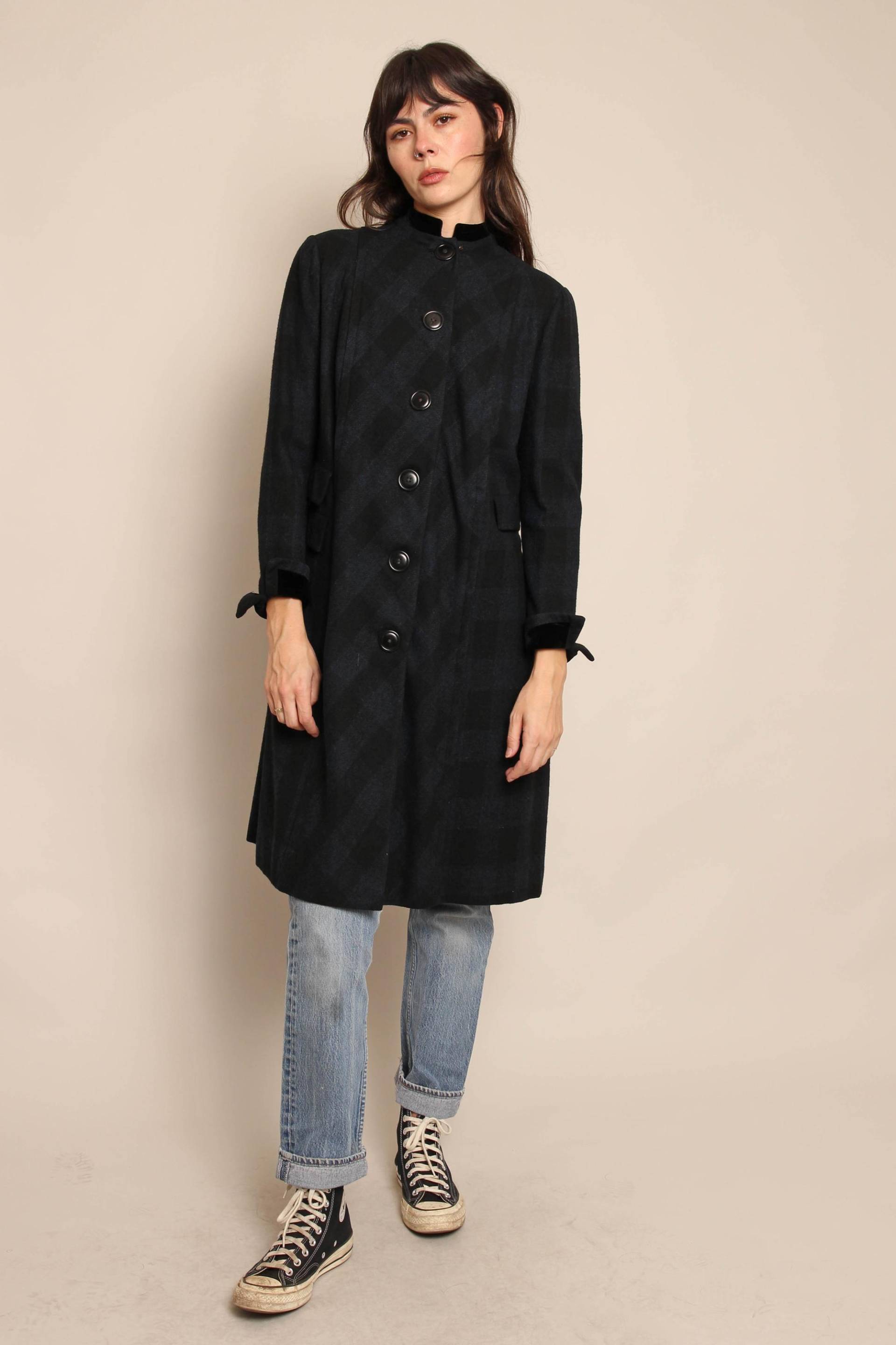 1960S Wolljacke Kariert Samt Stehkragen, Nachtblau, Größe S/M von LuxieVintage