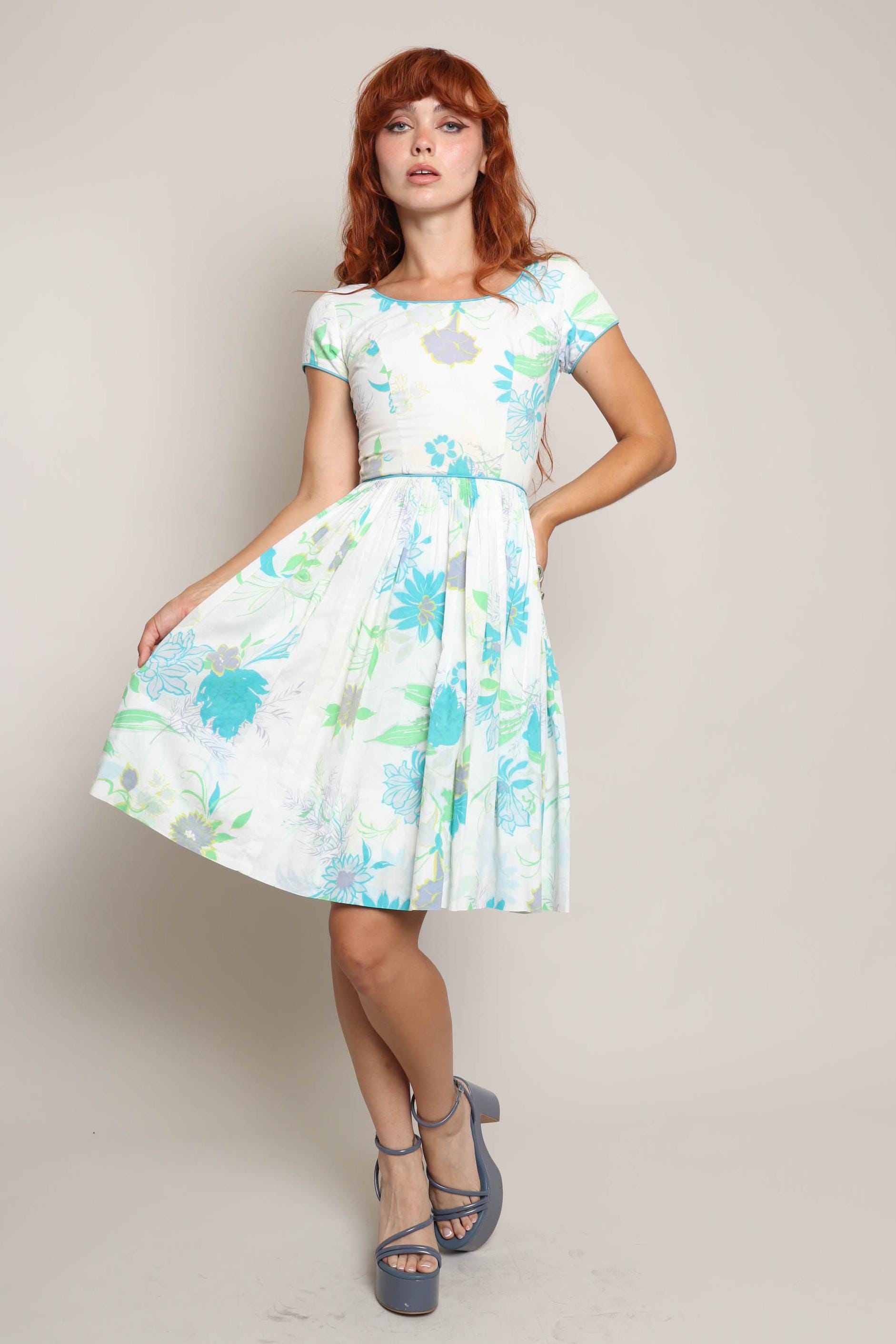 50Er Jahre Geblümtes Baumwoll Kleid Murray Millman, Größe Xs von LuxieVintage