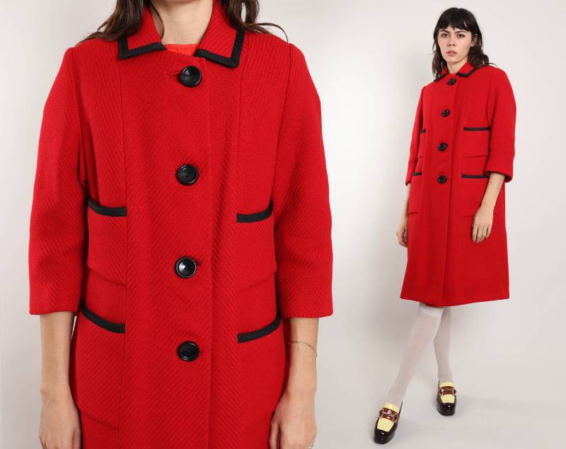 60S Mod Roter Tweed Wollmantel Lässige Wolljacke Mit Akzent Taschen, L/xl von LuxieVintage