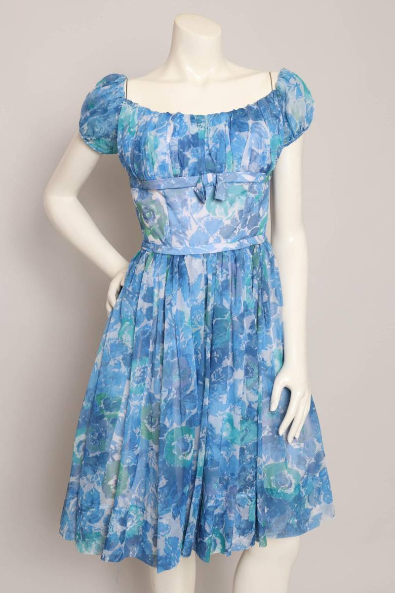 60S Chiffon Kleid in Blau Mit Blumenmuster Fit & Flare, Grösse Xs/S von LuxieVintage