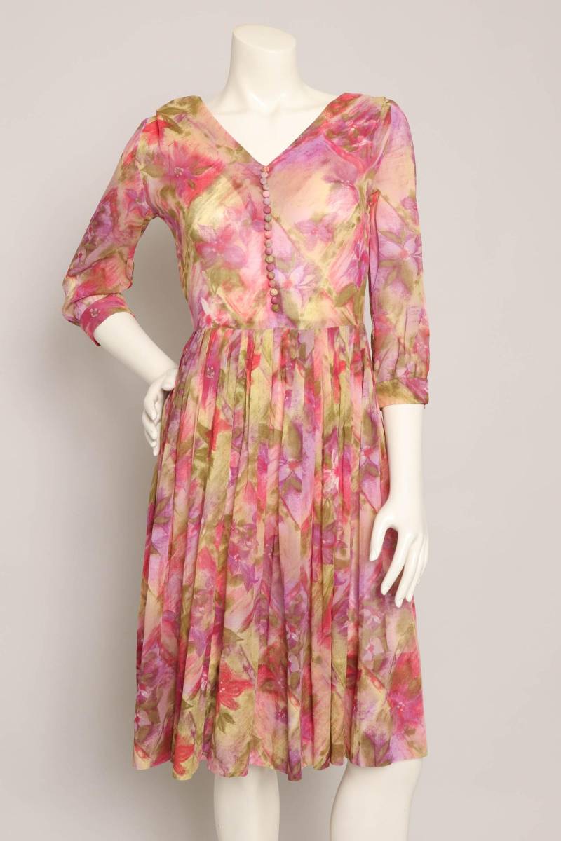 60S Kleid Mit Abstraktem Blumenmuster Leslie Fay Pinkes, Semi-Transparentes Midikleid, Größe Xs von LuxieVintage
