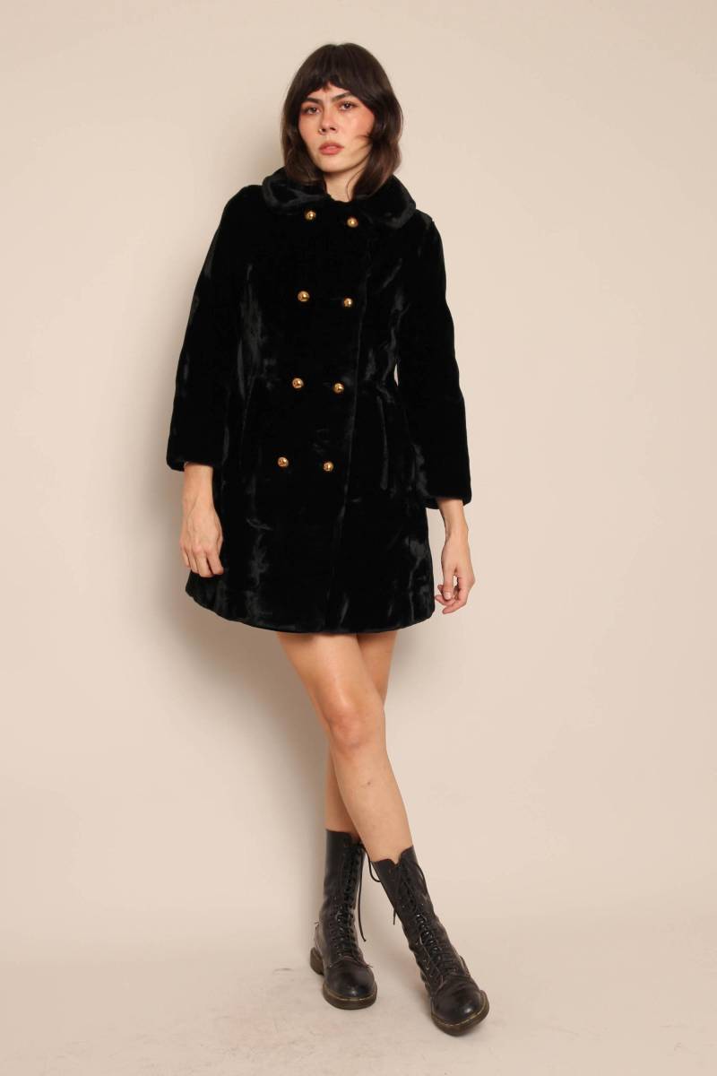 60S Soft Witch Vintage Glensea By Glenoit Schwarzer Kunstpelz-Mantel, Größe Xs S von LuxieVintage