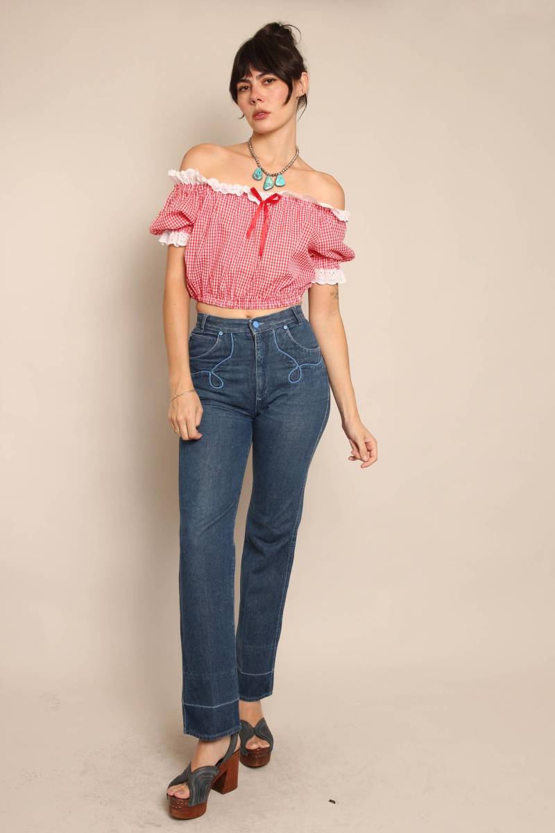 70S High Rise Accent Piping Jeans Pistache Vintage Denim, Größe Xs/S/25/26 von LuxieVintage