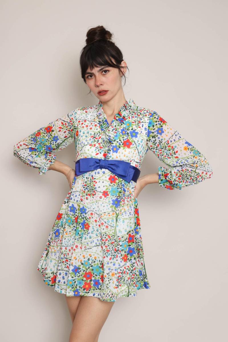 70Er Jahre Geblümtes Babydoll Mini Kleid Vintage Mod Empire Schluppe, Größe Xs/S von LuxieVintage