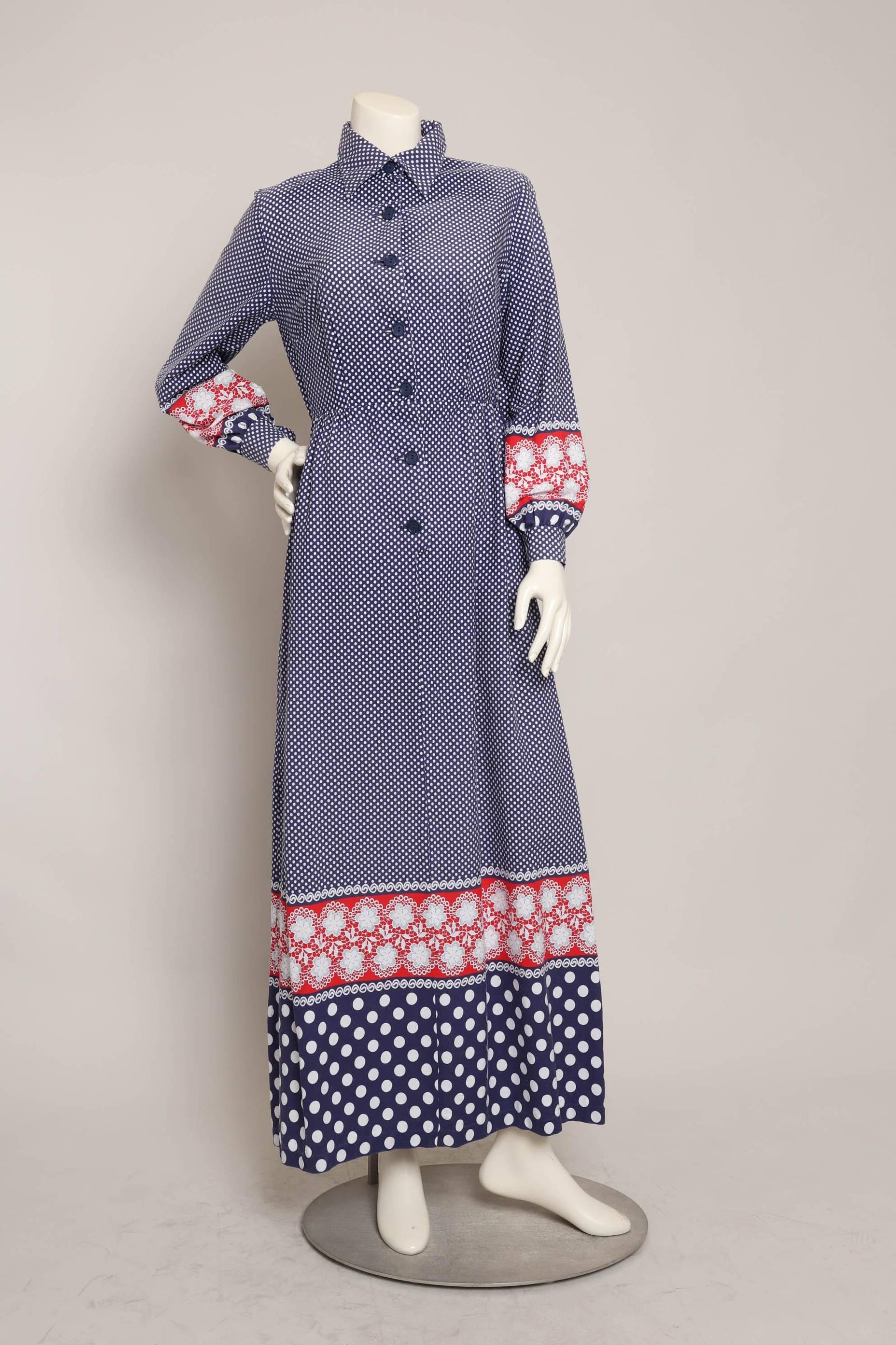 70Er Jahre Maxikleid Mit Borte Blaues Polka Dot-Muster, Größe M von LuxieVintage