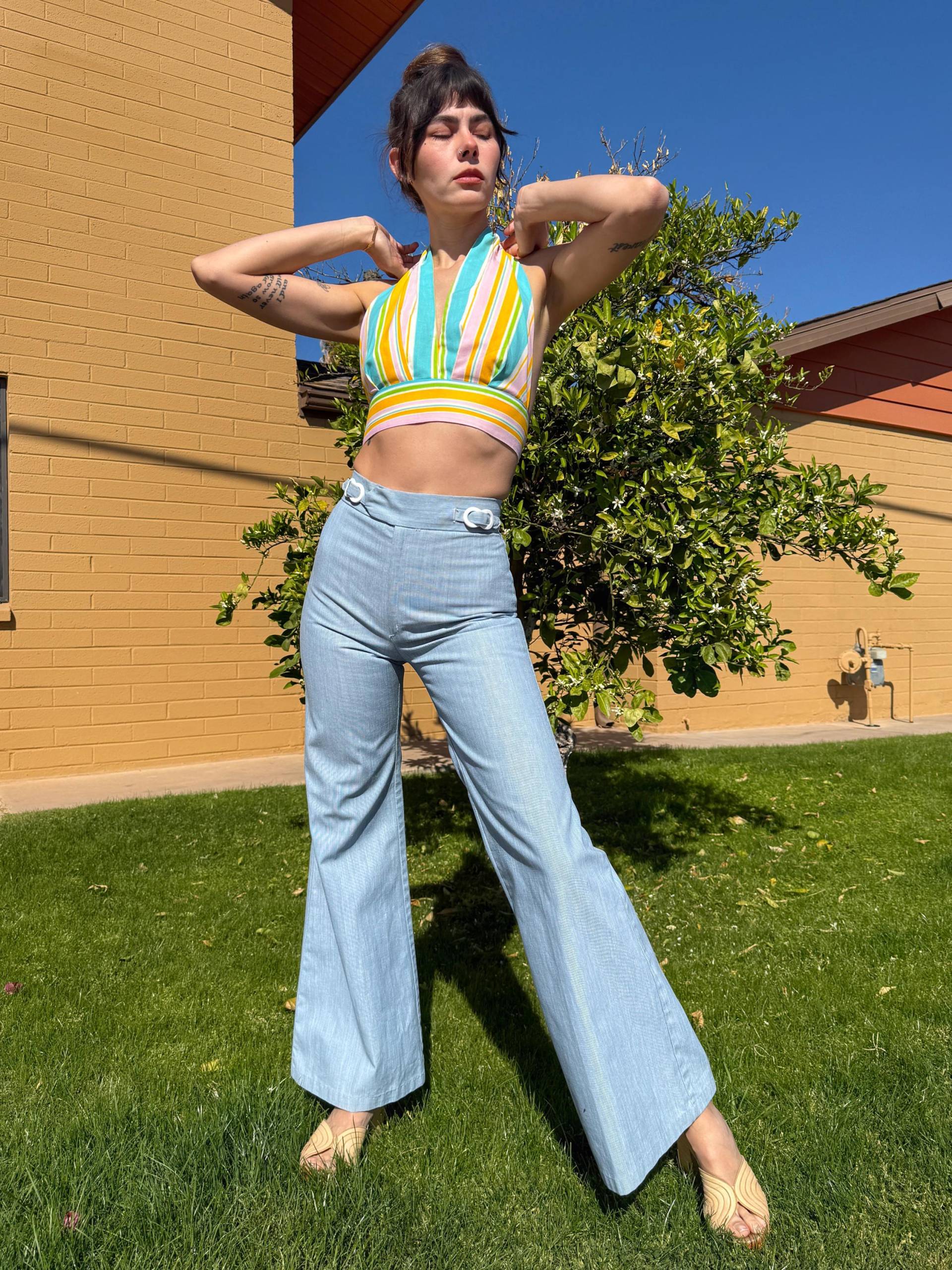 70Er Jahre Turtlebax Chambray Hippie Schlaghosen Hohe Taille, Größe Xs von LuxieVintage