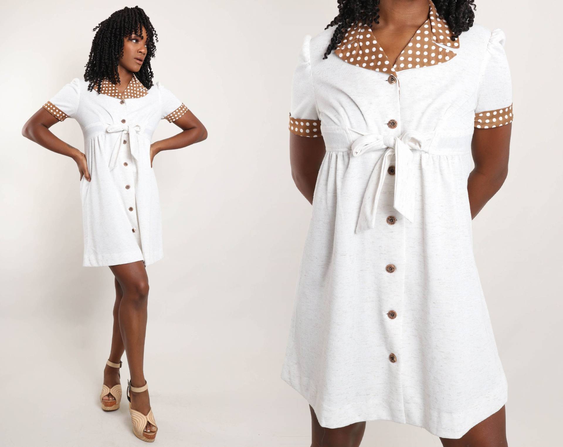 70S Mini Kleid Brauner Polka Dot Kragen, Empire-Taille, Größe M/L 70S Mini Kleid Brauner Polka Dot Kragen, Empire-Taille, Größe M/L von LuxieVintage