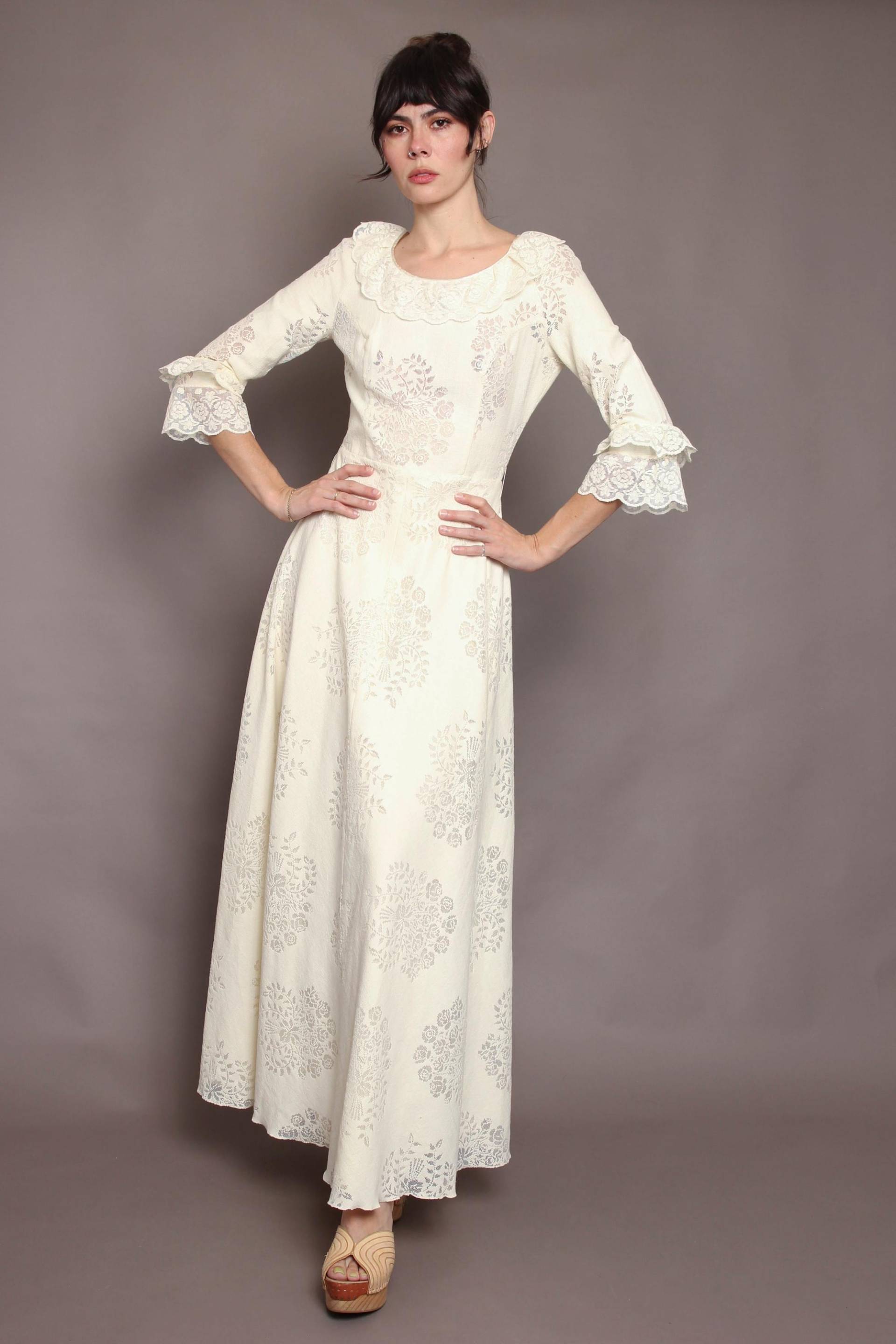 70S Lace Maxi Dress Boho Prairie Style, Shopping Erflog Rieger Moden, Gr S/M von LuxieVintage