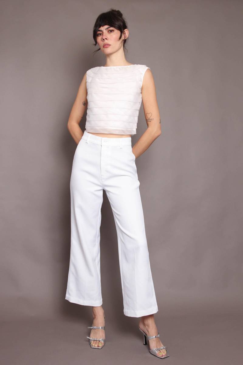 70S Levi's Weisse Polyester Hose Mit Weitem Bein, Vintage Schlaghose, Weisse Lasche, Grösse S von LuxieVintage