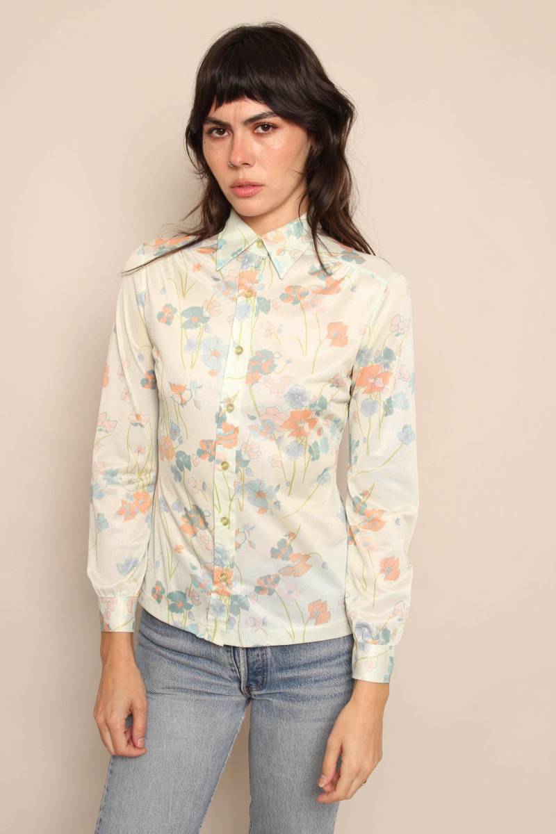 70S Nylon Disco Shirt Vintage College Town Bluse Mit Knöpfen, Grösse Xs/S von LuxieVintage