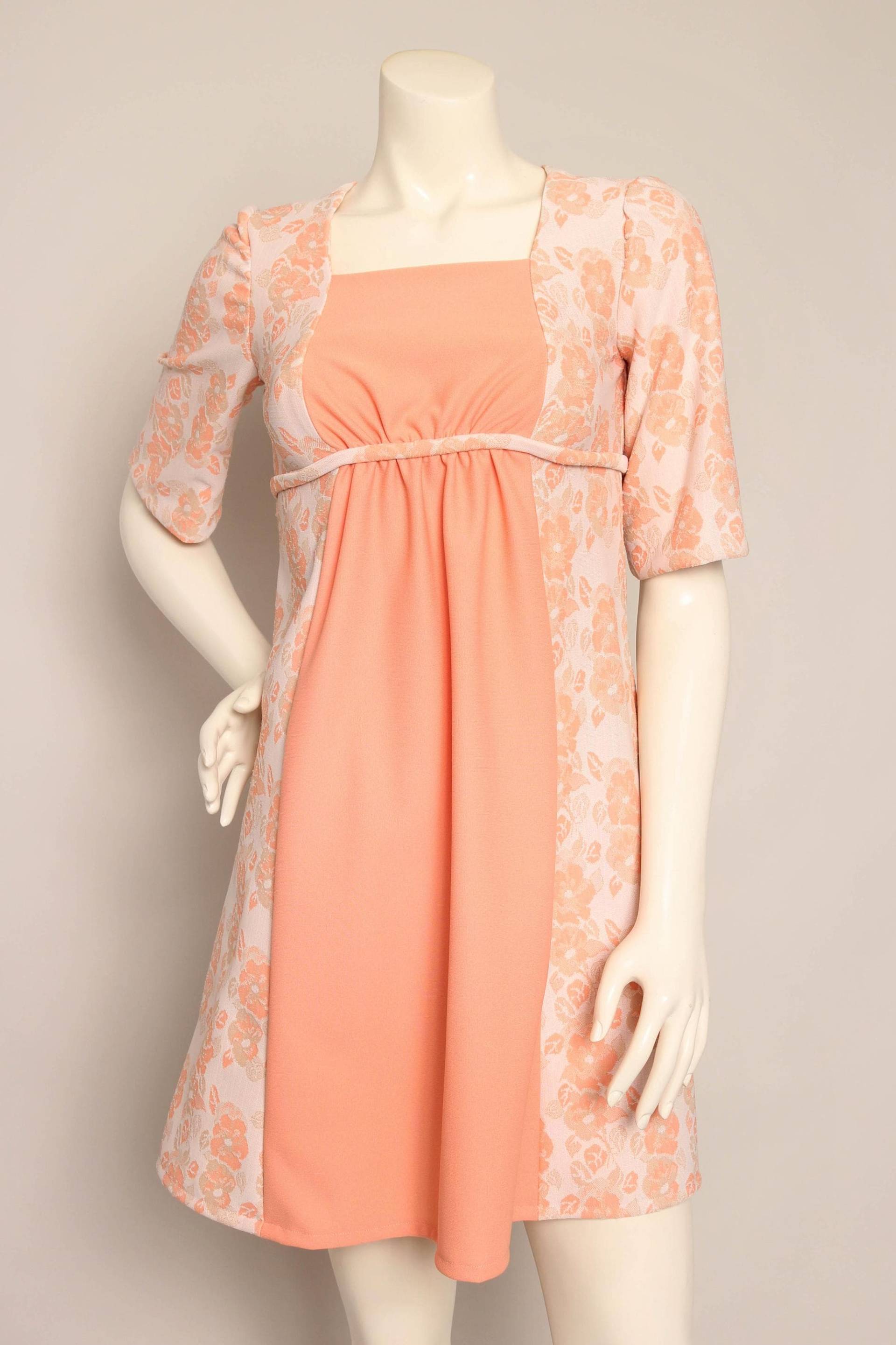 70S Orange Jacquard Mini Kleid Floral Mod Empire-Taille, Größe Xs von LuxieVintage