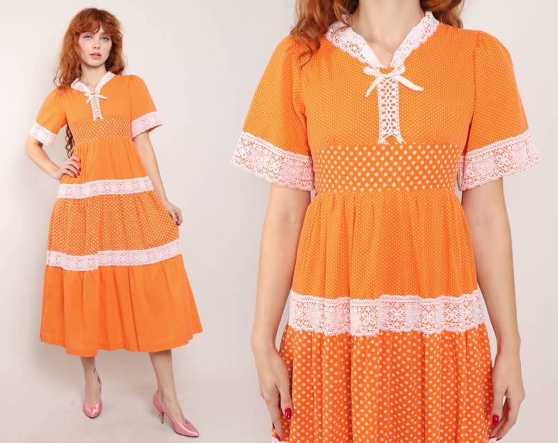 70S Orange Swiss Dot Prairie Dress Korsett Maxi Kleid, Grösse Xxs 70S Orange Swiss Dot Prairie Dress Korsett Maxi Kleid, Grösse Xxs von LuxieVintage