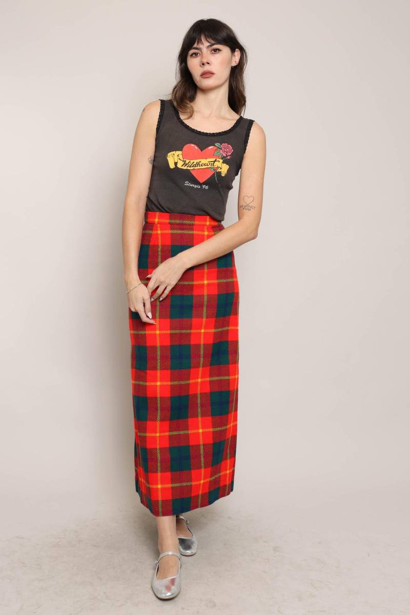 70Er Jahre Karierter Maxi-Rock High Waist Acryl Tartan, Größe Xs von LuxieVintage