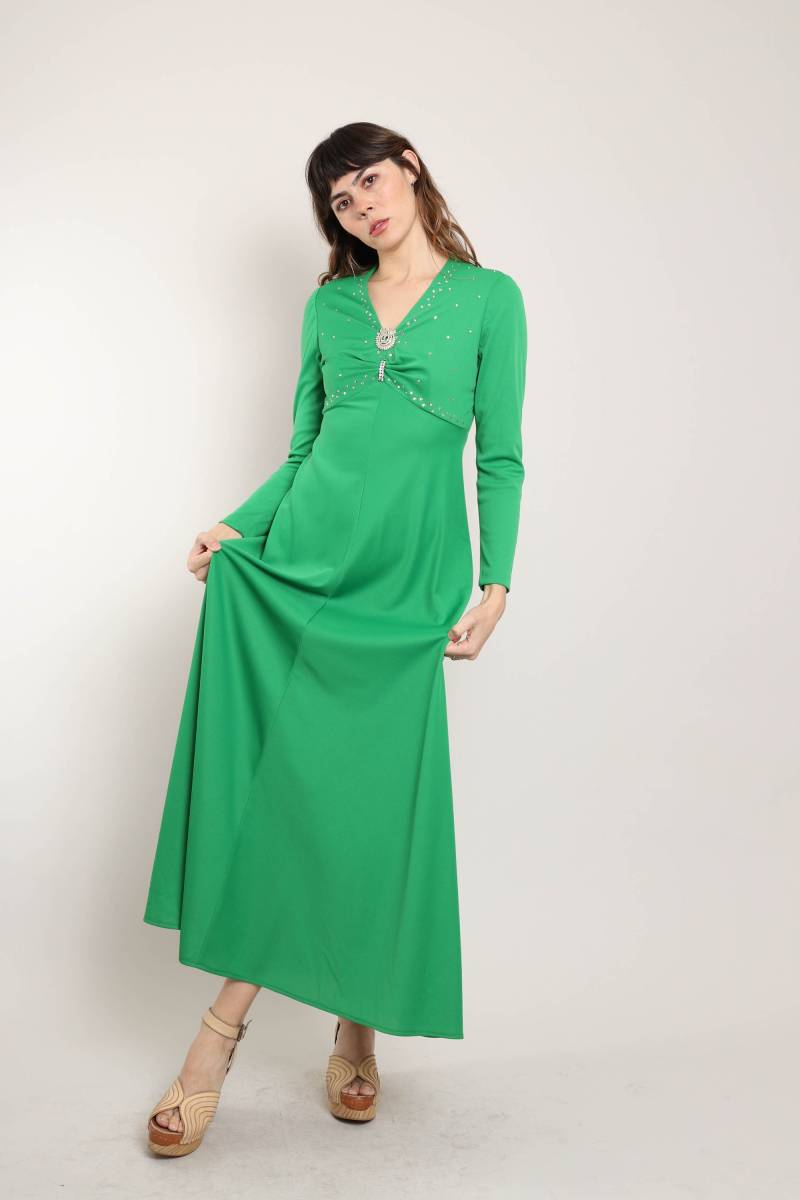 70S Maxi Kleid Mit Grünem Strasssteinen Empire-Taille, Größe S/M von LuxieVintage