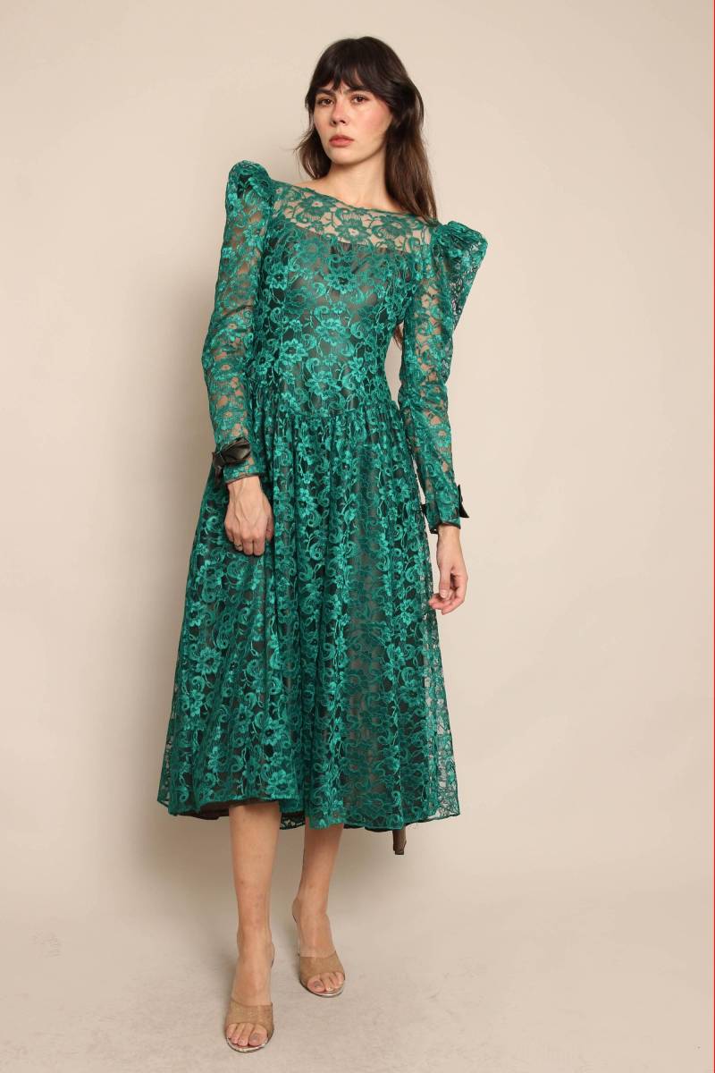 80Er Jahre Green Lace Partykleid S M/1980Er Alfred Angelo Grünes Kleid Puffärmel Satinschleifen Grüne Spitze, Langes von LuxieVintage