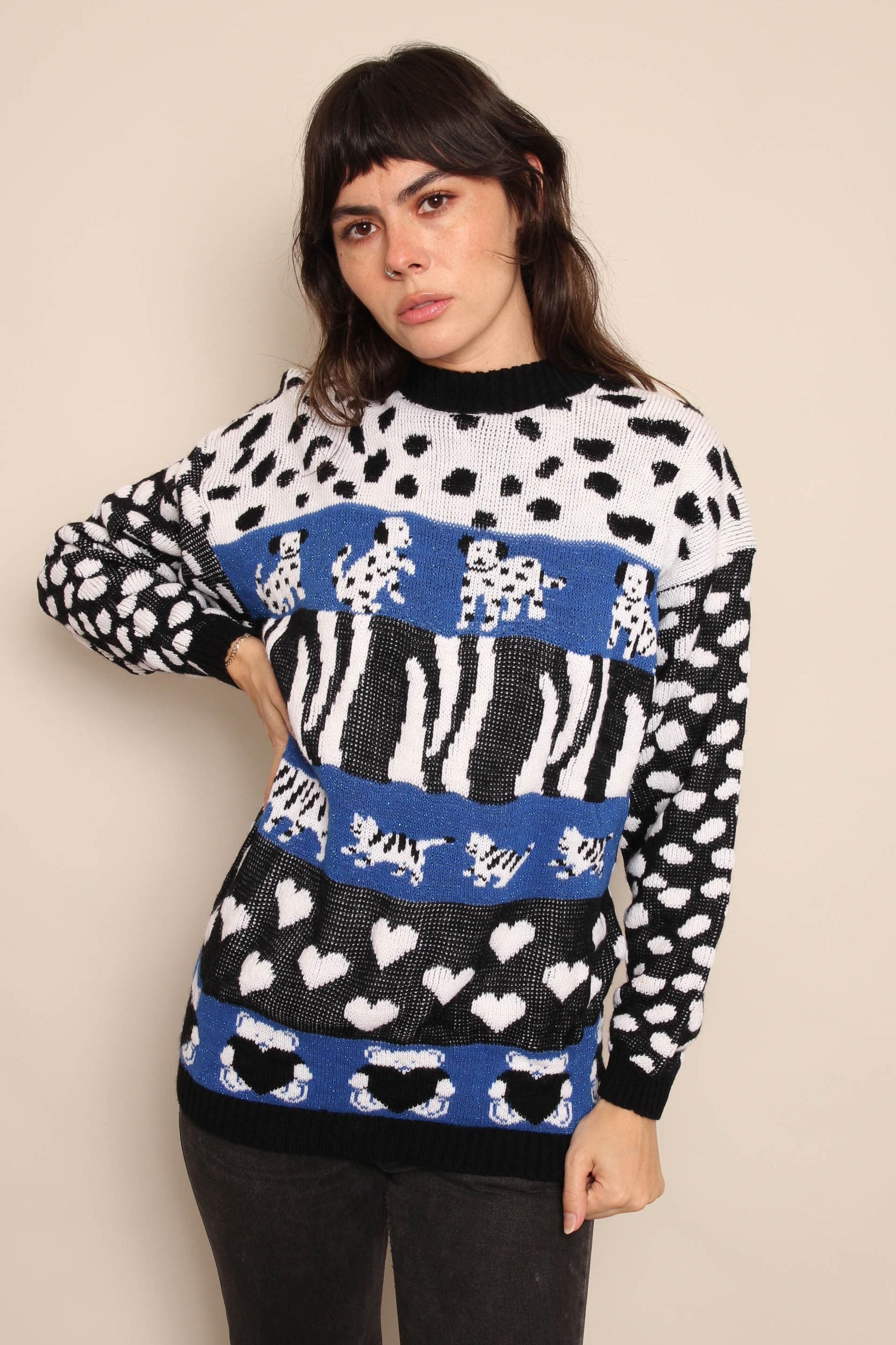 80Er Jahre Original Print Pullover Vintage Hund, Katze & Teddy Bär Strickstoff, Größe S/M von LuxieVintage