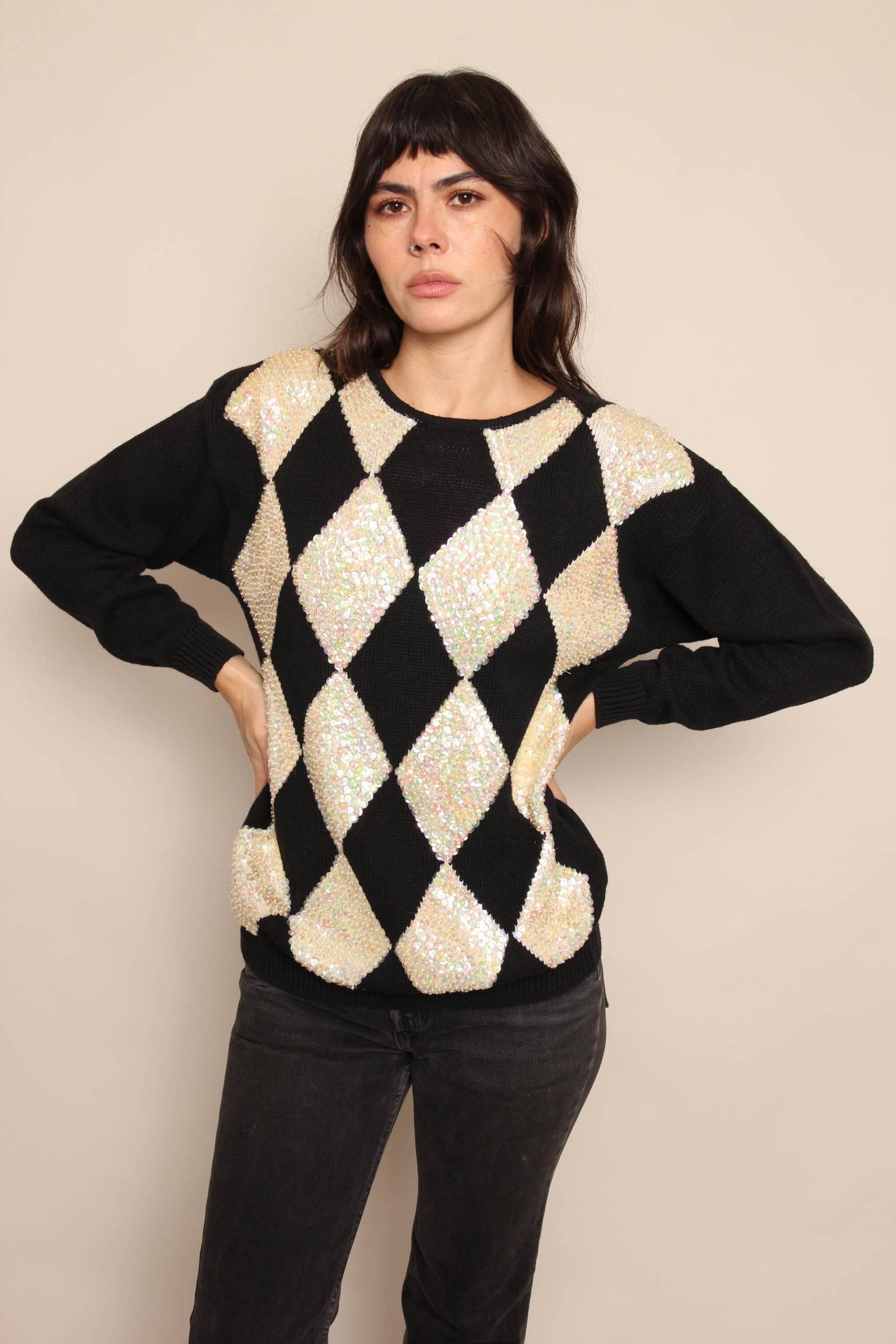 80Er Jahre Sequined Harlequin Pullover/Vintage Donagain Schwarz Weißer Strickpullover Mit Diamant-Print von LuxieVintage