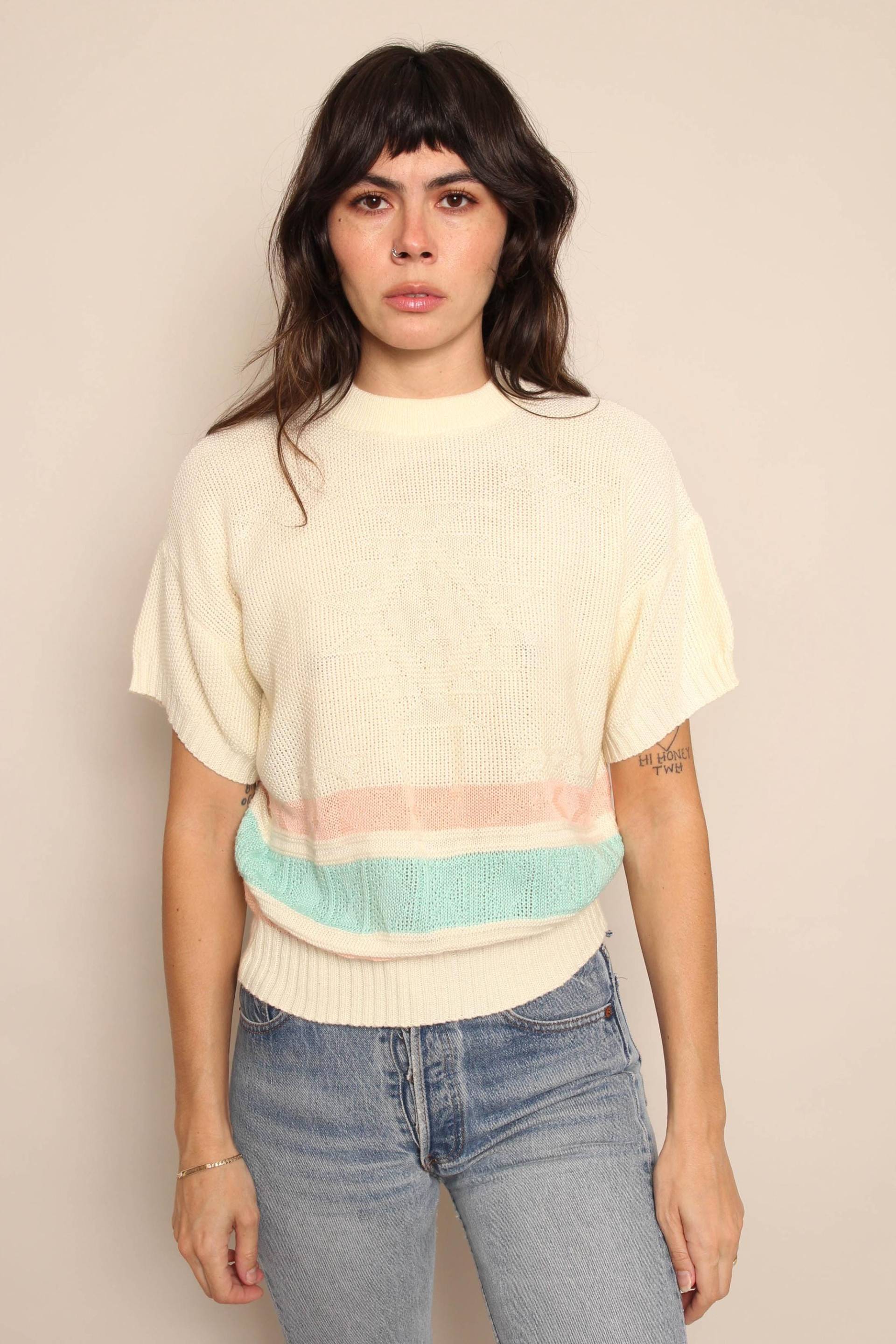 80Er Jahre Southwestern Pullover Vintage Keneth Too Cremefarben & Pastel Strick Top, Grösse S/M von LuxieVintage