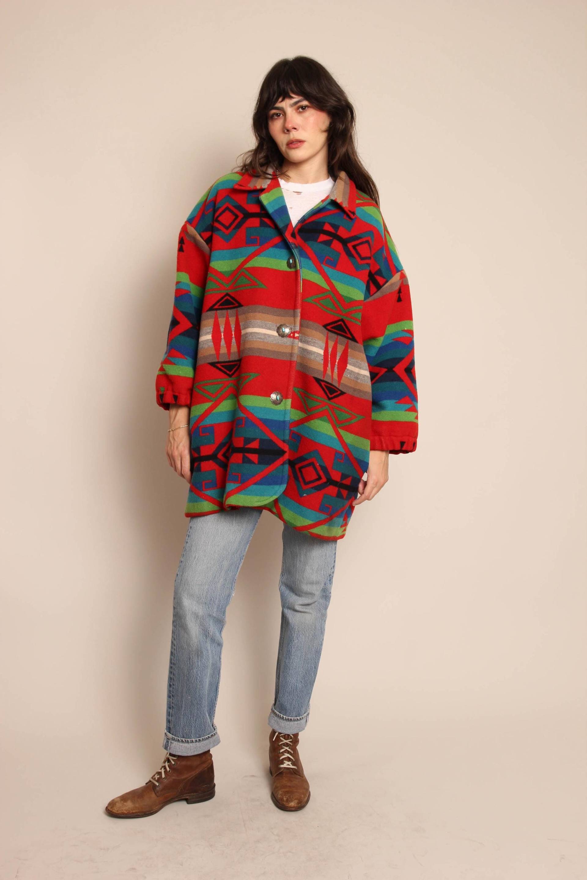 80Er Jahre Southwestern Wolljacke Vintage Roter Wollmantel Mit Türkisen Knöpfen, Gr. Xl von LuxieVintage