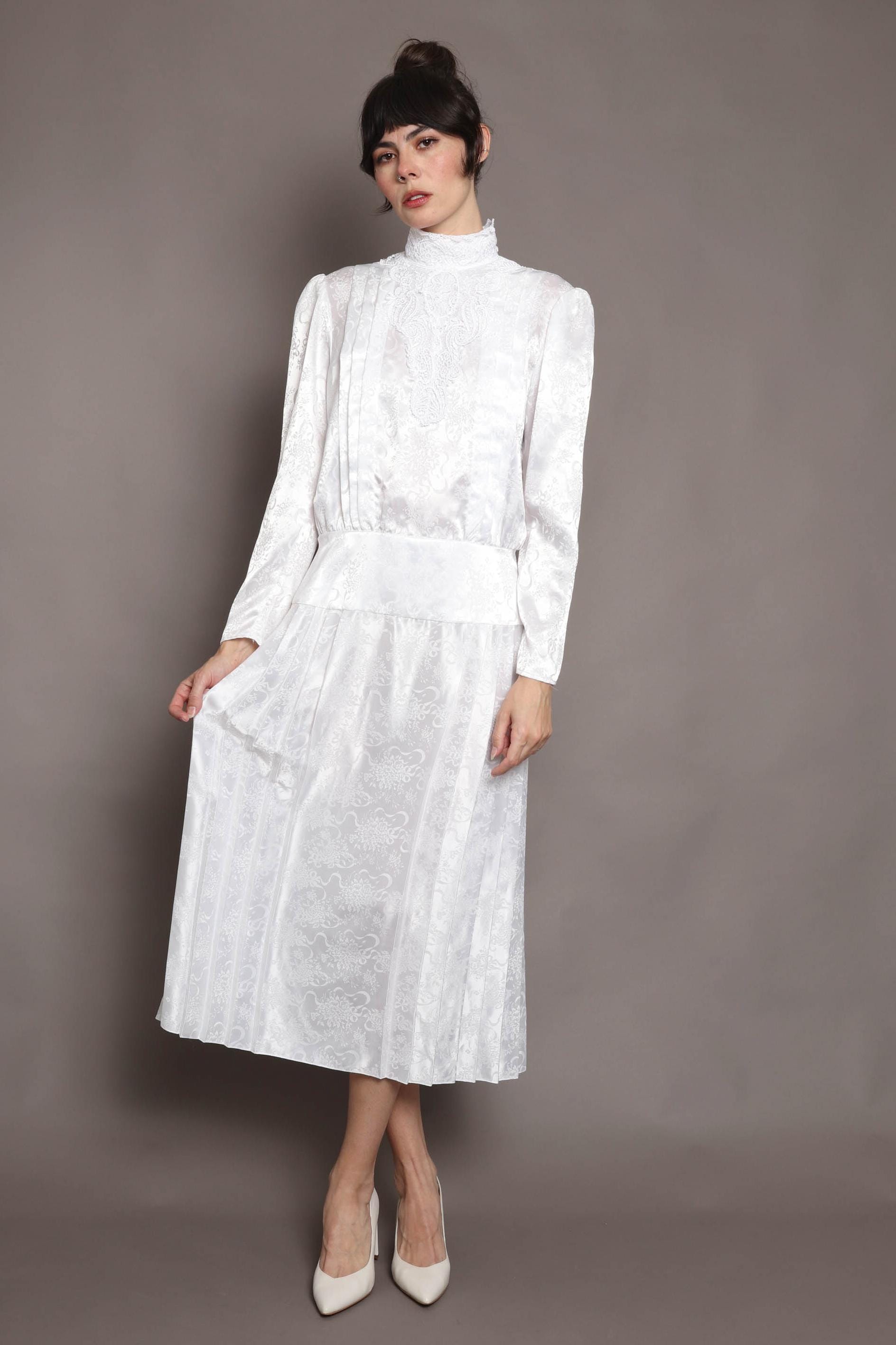 80S Edwardian Satin Kleid Scott Mcclintock Lace Boice, Perlweiß, Größe M von LuxieVintage