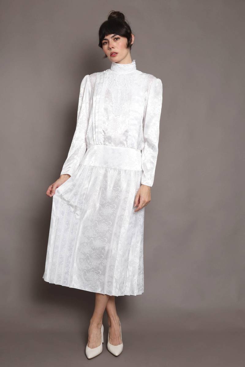 80S Edwardian Satin Kleid Scott Mcclintock Lace Boice, Perlweiß, Größe M von LuxieVintage