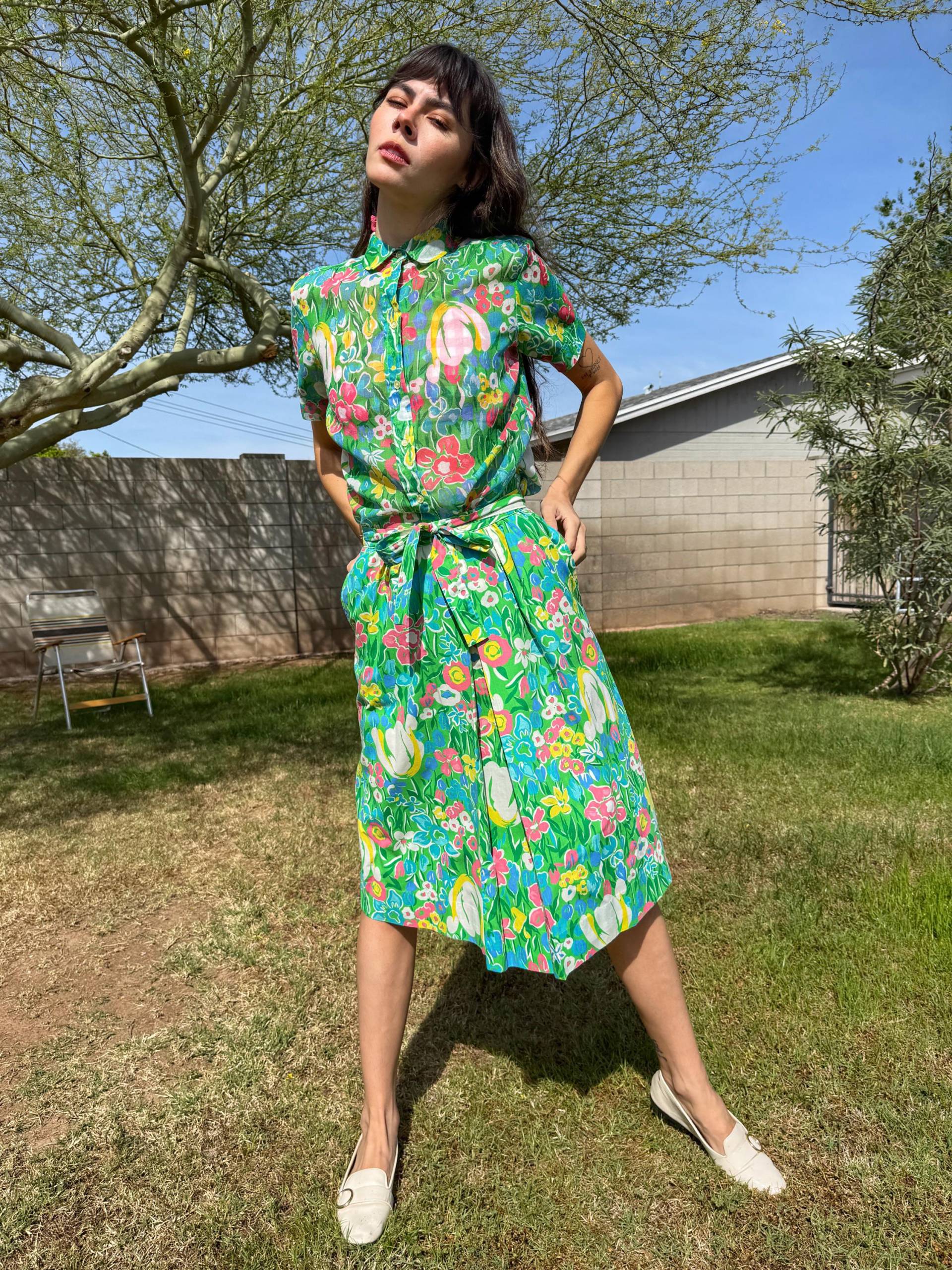 80S Floral Zweiteiler Gorgon Of Philadelphia Shirt Rock in Grün, Gr. M von LuxieVintage