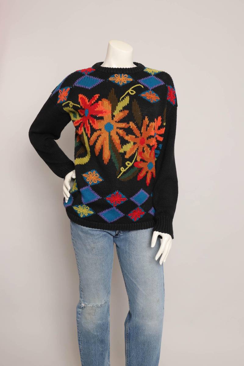 90Er Jahre Floraler Abstrakter Strick Pullover - Vivian Wang Kitty Hawk, Größe S von LuxieVintage