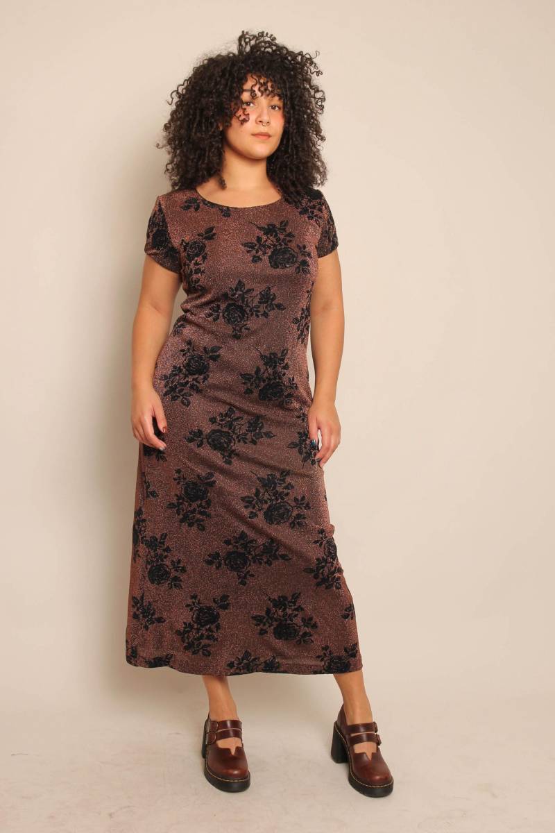 90Er Jahre Kupfer Blumen Kleid Vintage Jessica Howard Metallic Ausbrenner Kleid, Größe S M von LuxieVintage