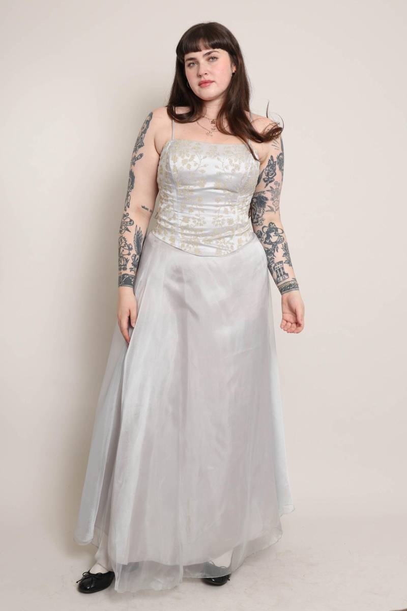 90Er Jahre Organza Korsett Kleid Set Silber Grauer Chiffon Maxi Rock, Größe M/L 90Er Jahre Organza Korsett Kleid Set Silber Grauer Chiffon Maxi Rock, Größe M/L von LuxieVintage