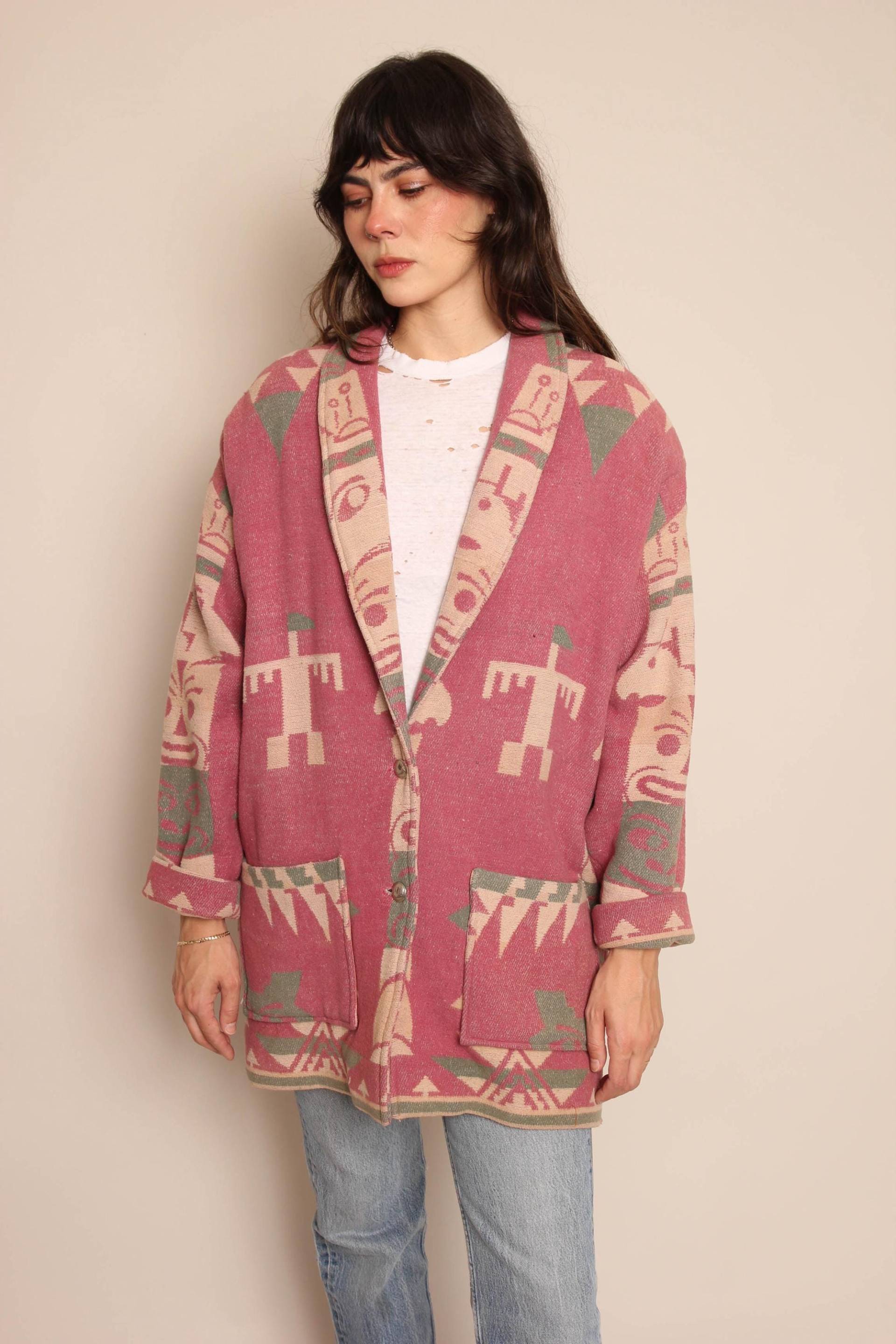 90S Chris O'connell Totem Pole Jacke Vintage Suedwestern Wollmantel in Pink, Grösse M von LuxieVintage