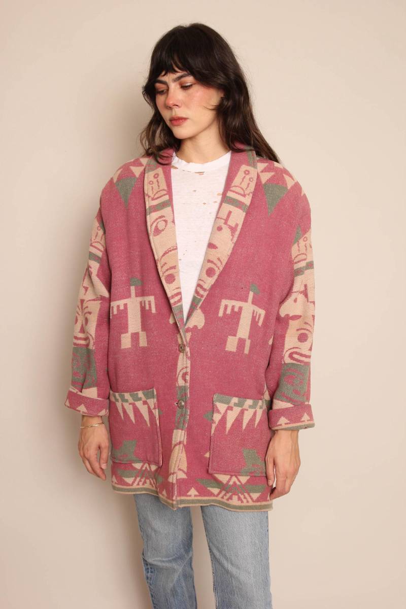 90S Chris O'connell Totem Pole Jacke Vintage Suedwestern Wollmantel in Pink, Grösse M von LuxieVintage