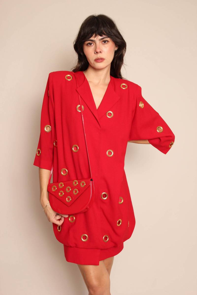 90S Ensemble Mit Roter Tülle Vintage Kleid Tiefer Taille Und Passender Handtasche, Größe Xs - S von LuxieVintage