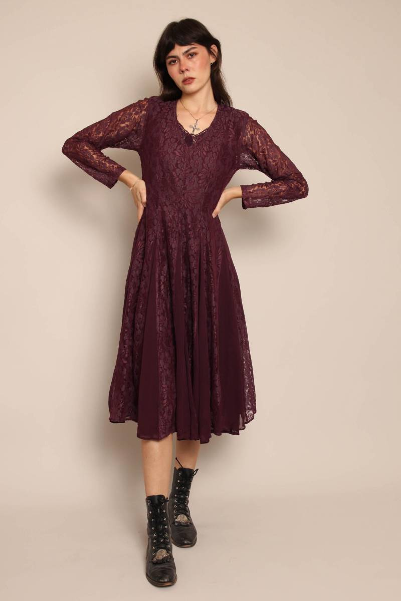 90S Just Spells Witch Vintage Nostalgie Kastanienbraunes Midi Kleid Mit Spitze, Größe S von LuxieVintage