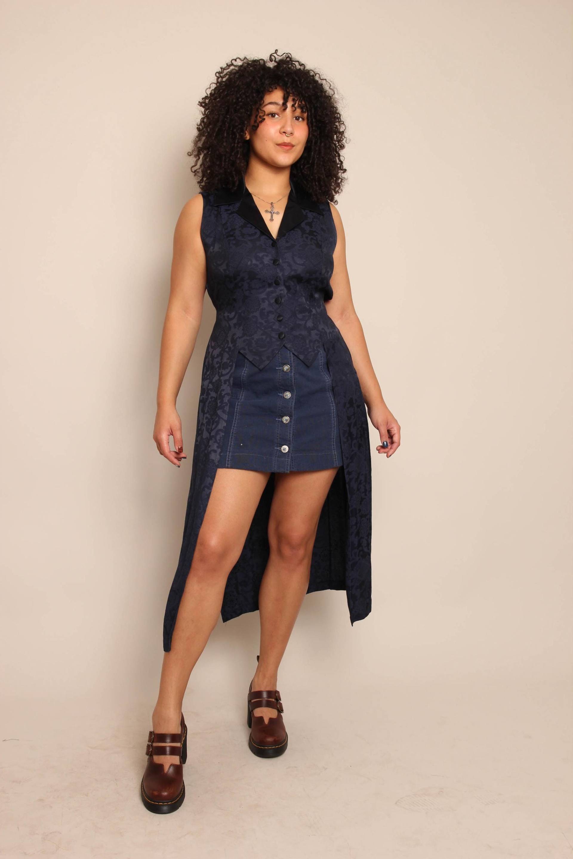 90S Midnight Witch Vintage Amanda Lane Blaues Brokat Duster Kleid, Größe S M L von LuxieVintage